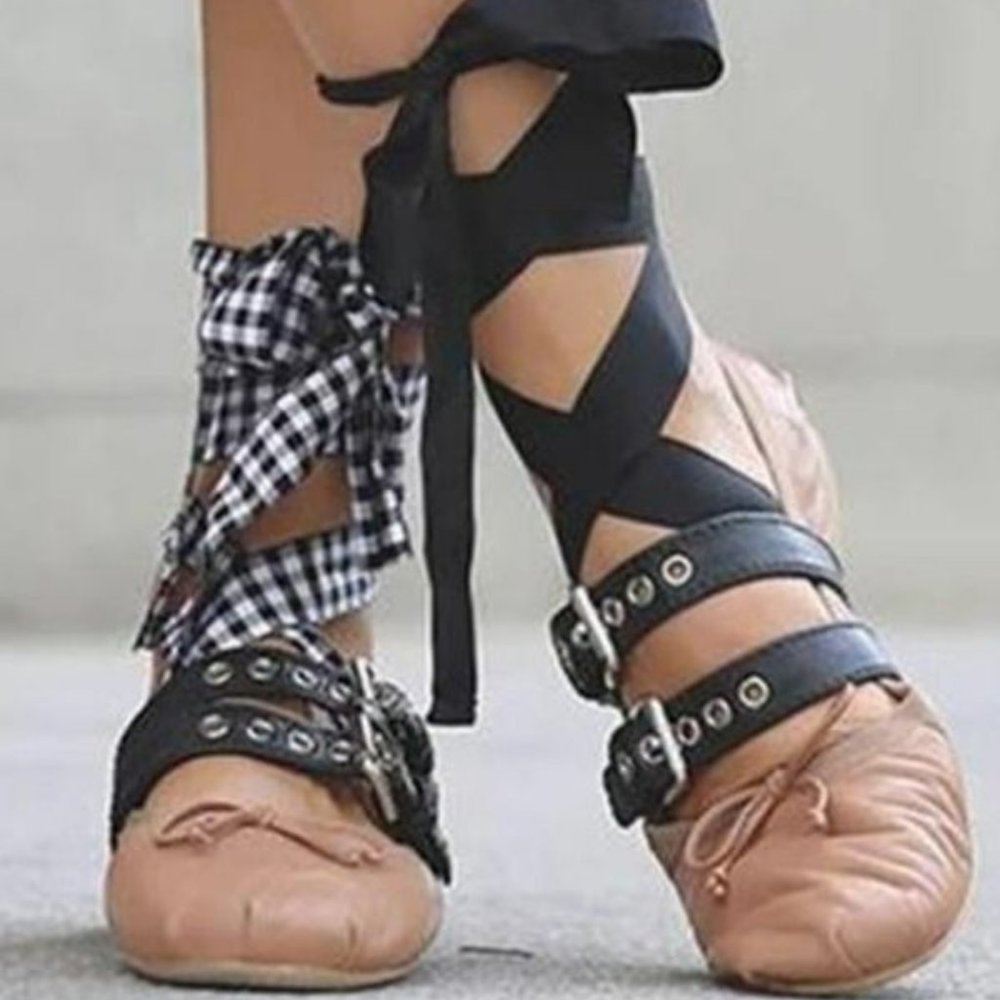 Punk Lace Up Buckled Ballet Flats